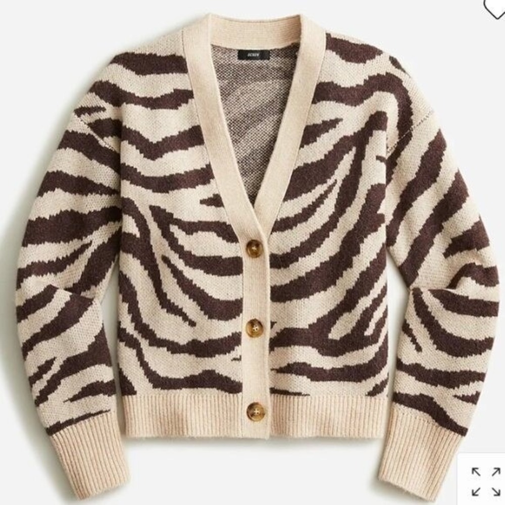 J.Crew Zebra Animal Print V-Neck Button Front Cardigan Brown Cream NWT L - Picture 10 of 12